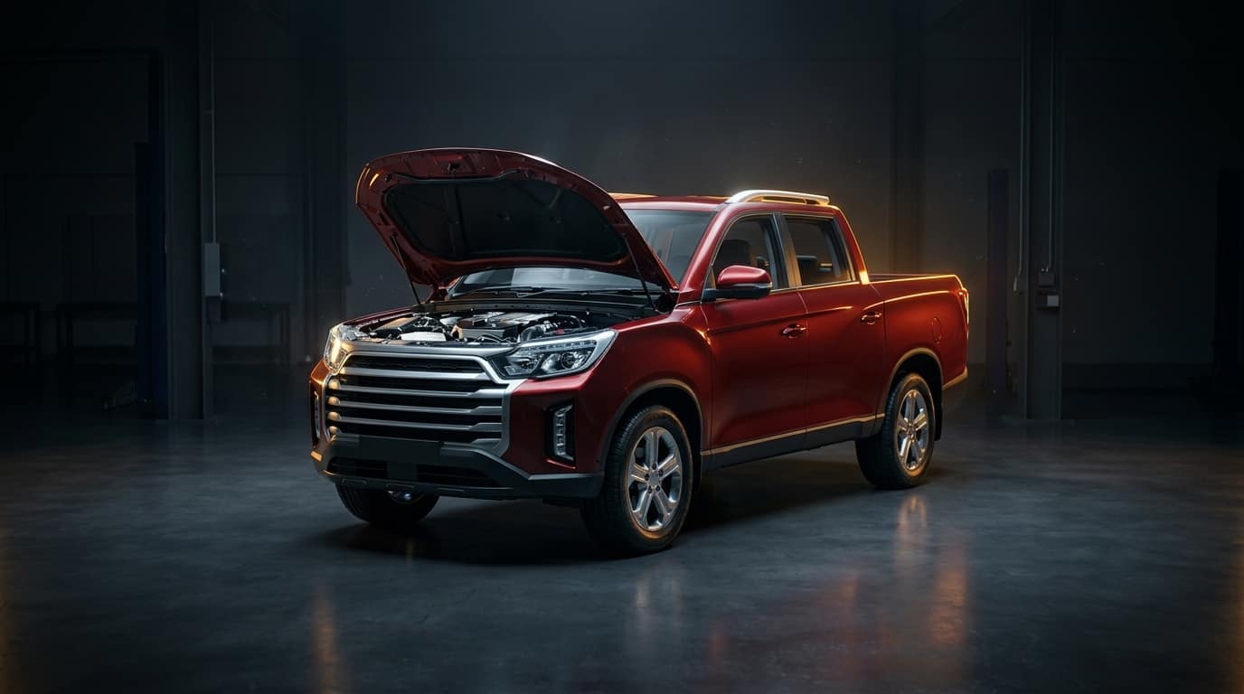 Kaputu açık kırmızı pick-up, Şahin Oto Servis atölyesinde